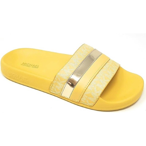 Michael Kors Brandy Metallic Striped Logo Slide Sandal Daffodil Yellow Nib $85 - Picture 1 of 3